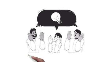 Multicultural team amazed by bright idea hand drawn whiteboard sketch animation. Light bulb speech bubble 4K . Brainstorming office workers teamwork animated handdrawn concept pencil drawing video