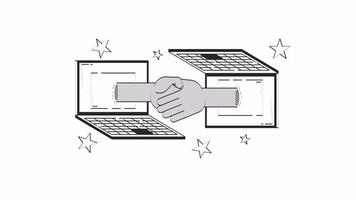 Virtual handshake connecting two laptops hand drawn whiteboard sketch animation. Agreement digital 4K . Two hands shaking through notebooks screens animated handdrawn concept pencil drawing video
