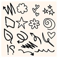 Hand drawn simple elements set. Sketch underlines, icons, emphasis, speech bubbles, arrows and shapes. vector