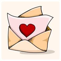 Envelope cream color and paper with a heart inside with doodle drawing style vector