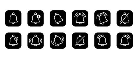 Notification bell outline icon set collection on black square vector