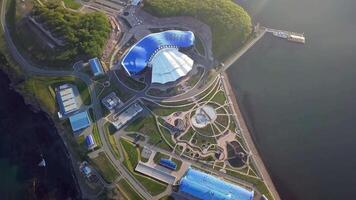 View from a drone of the peninsula on which the Primorsky Oceanarium is located video