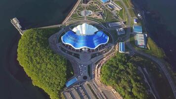 View from a drone of the peninsula on which the Primorsky Oceanarium is located video