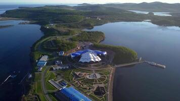 View from a drone of the peninsula on which the Primorsky Oceanarium is located video