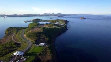 View from a drone of the peninsula on which the Primorsky Oceanarium is located video