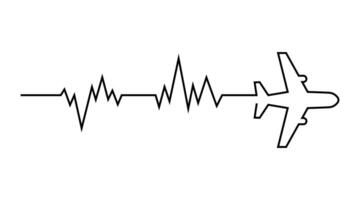 Continuous one line drawing of airplane path with heart beat graph. black line art. vector