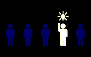 cartoon stick man. Stick figures standing in line, one having light bulb idea. vector