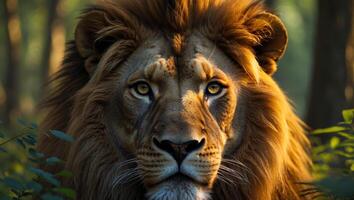 A close up of a lion's face in the woods.A close up of a lion's face in the woods. photo