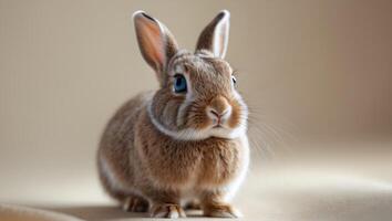 A close up of a small brown rabbit with blue eyes.A close up of a small brown rabbit with blue eyes. photo