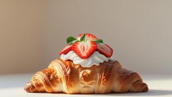 A croissant with strawberry slices and whipped cream on top photo