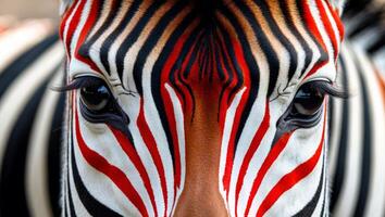 A close up of a zebra's face with red and white stripes. photo