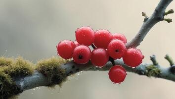 A bunch of red berries sitting on top of a tree branch. photo