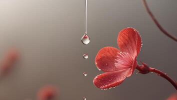 A drop of water falling into a red flower on a branch. photo