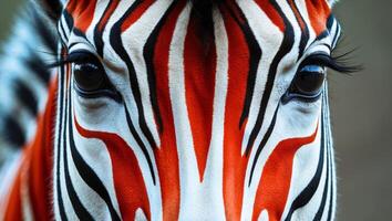 A close up of a zebra's face with red and white stripes.A close up of a zebra's face with red and white stripes. photo