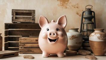 A Cute Ceramic Piggy Bank Surrounded by Rustic Farmhouse Decor Items with Focus on Its Smiling Expression and Elegant Textured Background. photo