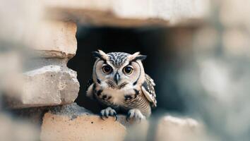 A Curious Little Owl Peeking Through A Wall photo