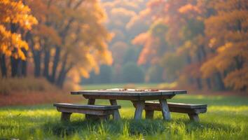 A wooden picnic table with a bench on either side sits in a field of green grass with a blurred background of trees with fall foliage. photo