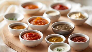 Assorted dipping sauces in small bowls on wooden surface. photo