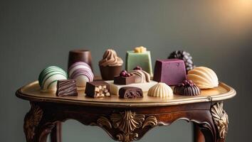 Assorted gourmet chocolates and sweets beautifully arranged on a decorative display table in an enchanting setting. photo