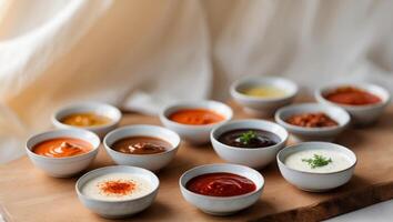 Assorted dipping sauces in small bowls on wooden surface.Assorted dipping sauces in small bowls on wooden surface. photo