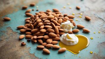Beautiful flat lay of almonds with oil and cream on a textured surface showcasing natural wellness. photo