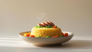 Bowl of yellow rice with vegetables and meat photo