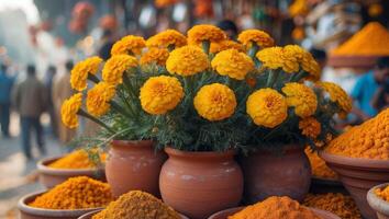 Bright marigold flowers in vibrant pots at a lively market setting. photo