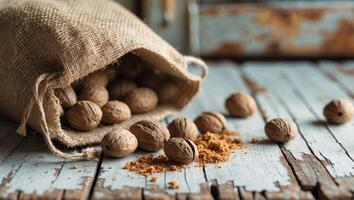 Burlap bag and rustic walnuts on a weathered surface. photo