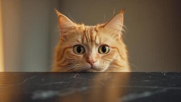 curious orange cat with big eyes peeking over dark surface photo