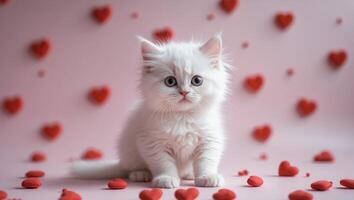 Cute Kitten with Red Heart Decorations on Pink Background.Cute Kitten with Red Heart Decorations on Pink Background. photo