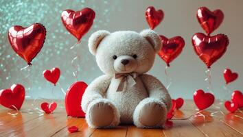 Cute teddy bear with red heart balloons on wooden floor and sparkling background photo