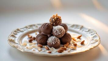Delicious chocolate truffles topped with nuts and coconut on a decorative plate photo