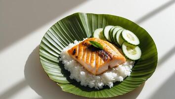 Delicious Grilled Fish with Rice and Cucumber Slices Served on Banana Leaf PlateDelicious Grilled Fish with Rice and Cucumber Slices Served on Banana Leaf Plate. photo