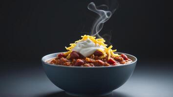 Delicious Homemade Chili with Cheese and Sour Cream on Black BackgroundDelicious Homemade Chili with Cheese and Sour Cream on Black Background. photo