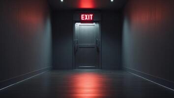 Dimly lit corridor with red exit sign above closed doorway. photo