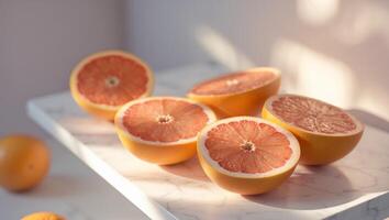 Fresh grapefruit halves arranged on a bright surface with shadows and sunlight. photo