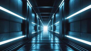 Futuristic neon progress bar glowing in a cybernetic corridor of light and technology at midnight. photo