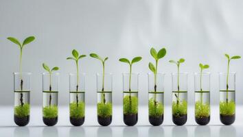 Green seedlings in test tubes representing biotechnology and growth. photo