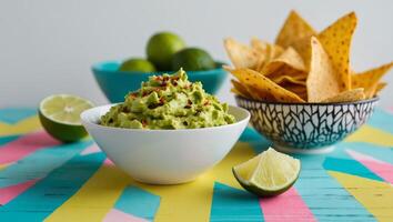 Guacamole and Tortilla Chips on a Colorful Table Setting. photo