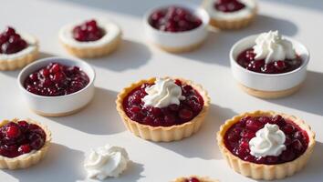 Mini tartlets filled with cranberry sauce and topped with whipped cream for a festive snack. photo