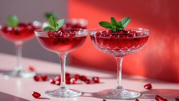 Refreshing pomegranate drinks served in elegant glasses on a vibrant red background.Refreshing pomegranate drinks served in elegant glasses on a vibrant red background. photo