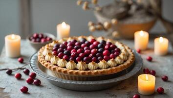 Rustic Holiday Pie with Cranberries and Decorative Pastry in Candlelit SettingRustic Holiday Pie with Cranberries and Decorative Pastry in Candlelit Setting. photo