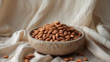 Rustic bowl of almonds on textured fabric background photo