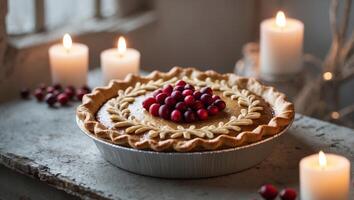 Rustic Holiday Pie with Cranberries and Decorative Pastry in Candlelit Setting photo