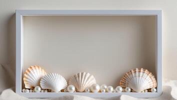 Seashells and pearls frame on sandy background photo
