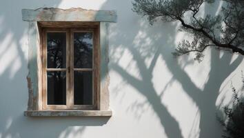 Rustic Window and Tree Shadows on a White Wall photo