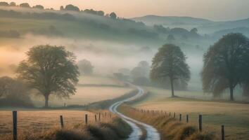 Scenic Pathway Winding Through Serene Countryside at Dawn with Sunrise Illuminating Misty Fields and Trees Creating a Tranquil Ambience and Natural Beauty. photo