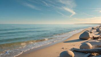 Serene coastline with azure waters and clear skies ideal for contemplation and tranquilitySerene coastline with azure waters and clear skies ideal for contemplation and tranquility. photo