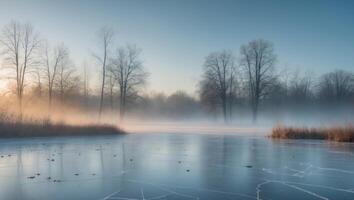 Serene Winter Pond with Mist and Bare Trees in Morning Light photo
