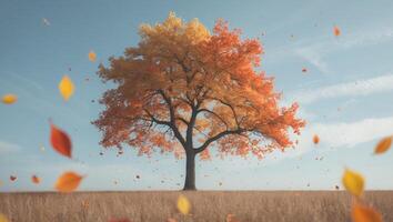 Single tree in a field with autumn leaves falling from it photo